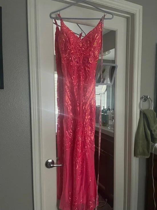 Pink/Coral Sequin Embellished Evening Gown - Picture 2 of 9